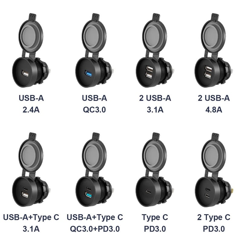Bluejw Waterproof Quick Charge 3.0 Dual USB Car Charger & USB-C 12V Motorcycle Charger Flush Mount Outlet Socket - Automobile Chargers Compatible - Image 1